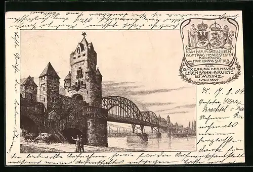 AK Mainz, Einweihung der neuen Eisenbahn-Brücke am 1. Mai 1904