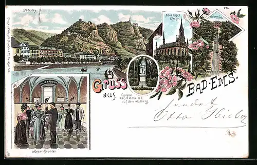 Lithographie Bad Ems, Bäderley, Neue Katholische Kirche, Malberg-Bahn, Kaiser-Brunnen