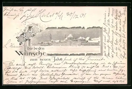 Lithographie Frankfurt-Höchst, Teilansicht im Winter, Neujahrsgruss