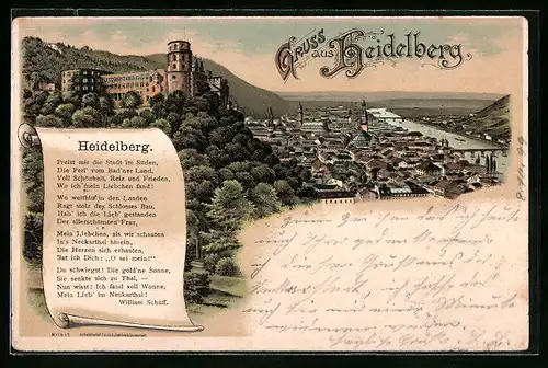 Lithographie Heidelberg, Gesamtansicht der Stadt am Neckar