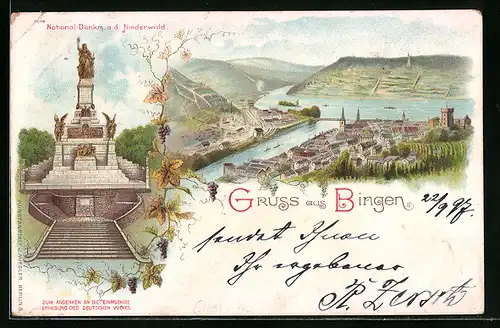 Lithographie Bingen, National-Denkmal a. d. Niederwald