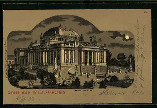 Mondschein-Lithographie Wiesbaden, Neues Theater im Mondlicht