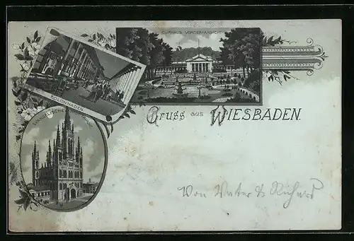 Lithographie Wiesbaden, Colonnaden, Evangelische Hauptkirche, Curhaus Vorder-Ansicht