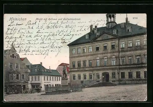 AK Hainichen, Markt mit Rathaus und Gellertdenkmal