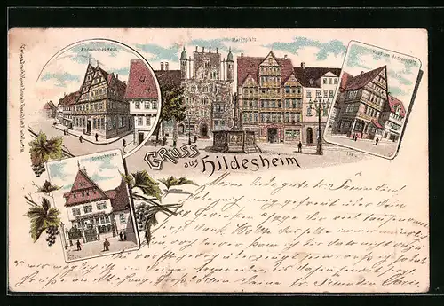 Lithographie Hildesheim, Marktplatz, Domschenke, Haus am Andreasplatz