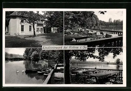 AK Kohren i. Sa., Gasthaus Lindenvorwerk, Terrasse, Uferpartie mit Booten