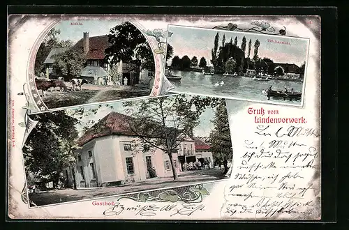 AK Kohren, Gasthaus Lindenvorwerk, Teichansicht und Mühle