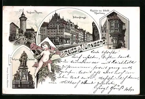 Vorläufer-Lithographie Nürnberg, Adlerstrasse, Vestner Thurm, Behaim Denkmal 1895
