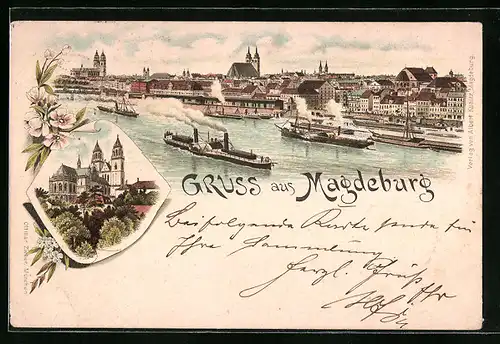 Vorläufer-Lithographie Magdeburg, Ortsansicht mit Dampfern 1895