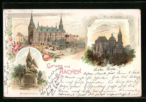 Lithographie Aachen, Rathaus mit Marktplatz, Dom, Kriegerdenkmal