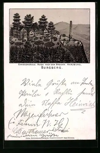 Vorläufer-Lithographie Bad Harzburg, 1895, Canossasäule auf dem Burgberg, Blick nach dem Brocken