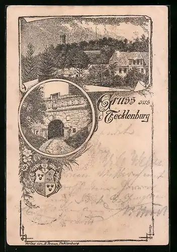 Vorläufer-Lithographie Tecklenburg, 1894, Eingang zur Burg, Teilansicht mit Turm