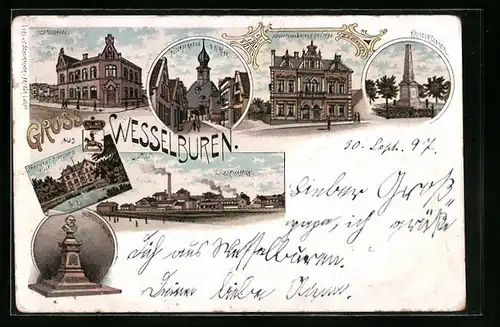 Lithographie Wesselburen, Altdeutsche Weinstube, Postgebäude, Zucker-Fabrik