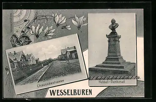 AK Wesselburen, Hebbel-Denkmal, Chausseestrasse