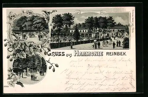 Lithographie Reinbek, Gasthaus Harmonie mit Garten