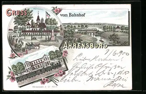 Lithographie Ahrensburg, Bahnhof, Marktplatz, Panorama