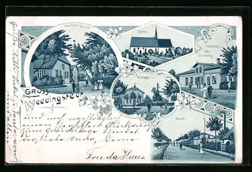 Lithographie Weddingstedt, Dorfstrasse, Mühle, Handlung von Otto Stoltenberg, Meierei