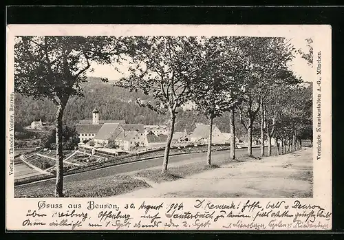 AK Beuron, Blick durch Bäume auf die Stadt