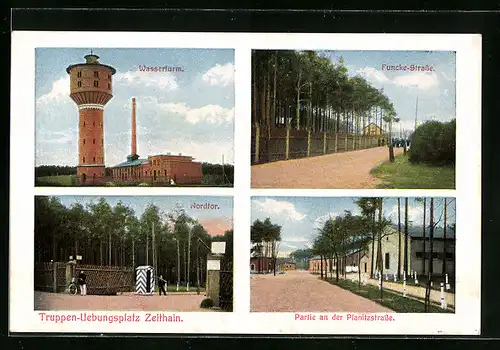 AK Zeithain, Truppenübungsplatz mit Wasserturm, Funcke-Strasse und Nordtor