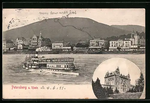 AK Petersberg a. Rhein, Blick über den Rhein mit Dampfschiff auf die Stadt