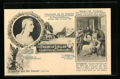 AK Friedrich Schiller, Marmorbüste, Schillerstein, Szene aus Wilhelm Tell