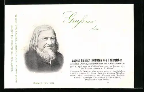 AK August Heinrich Hoffmann von Fallersleben, deutscher Dichter