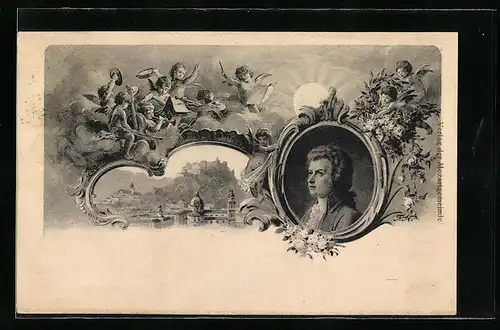 AK Mozartbildnis mit Engeln