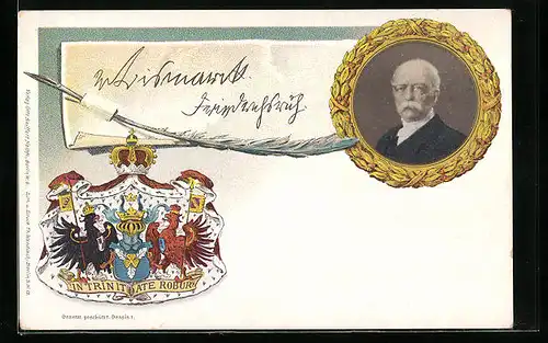 Lithographie Porträt von Bismarck, Krone und Wappen