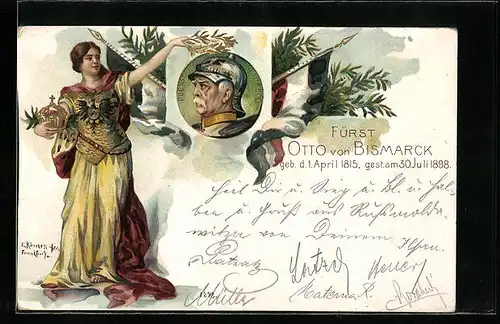 Lithographie Fürst Otto von Bismarck, Reichsadler, Krone