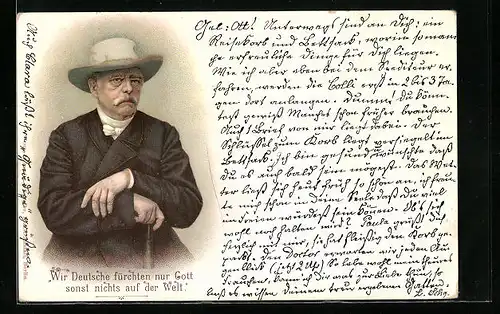 Lithographie Fürst Otto von Bismarck mit Stock und Hut, Zitat