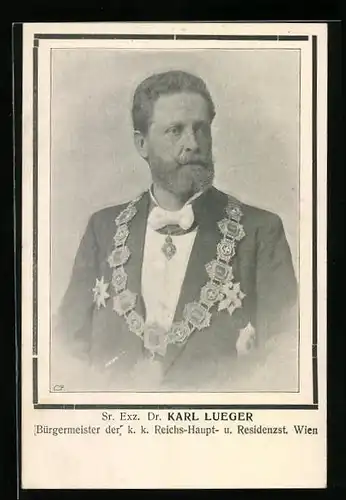 AK Wien, Bürgermeister Carl Lueger mit Amtskette, Portrait mit Trauerrand
