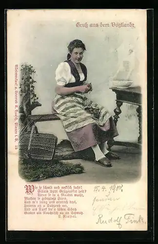 Relief-AK Dame in bayerischer Tracht aus dem Vogtlande