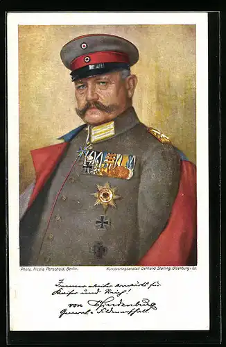 Künstler-AK Generalfeldmarschall Paul von Hindenburg in Uniform mit Ordenspange und Schirmmütze