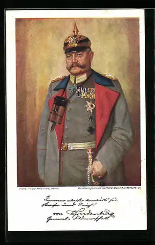 Künstler-AK Paul von Hindenburg in Uniform mit Eisernem Kreuz und verzierter Pickelhaube