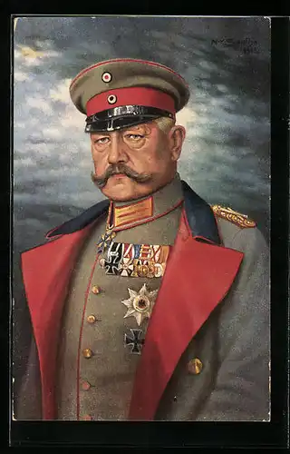 Künstler-AK Paul von Hindenburg in Uniform mit Schirmmütze