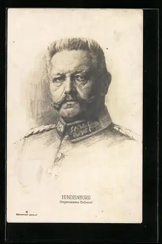 Künstler-AK Generalfeldmarschall Paul von Hindenburg in Uniform, Ostpreussens Befreier