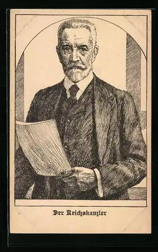 Künstler-AK Reichskanzler von Bethmann Hollweg mit einem Brief in der Hand