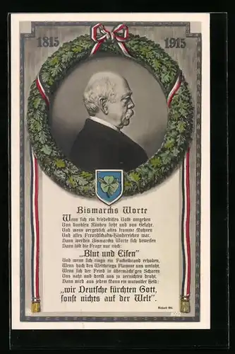 AK Otto von Bismarck im Profil in einem Eichenkranz, Gedicht von Richard Ott