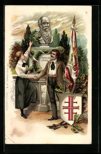 Lithographie Büste vom Turnvater Jahn mit Kränzen geschmückt, Wappen