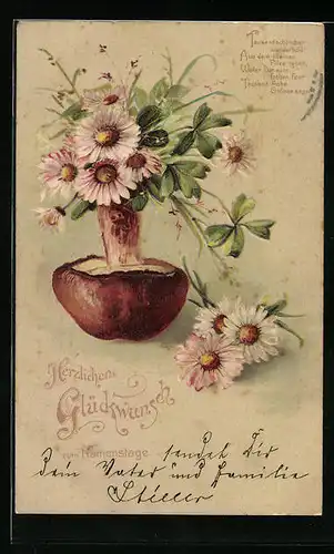 Präge-Lithographie Blumen im Pilz, Glückwunsch zum Namenstage