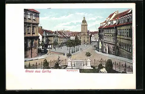 Lithographie Gotha, Marktplatz mit Rathaus