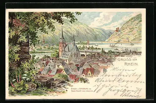 Lithographie Bingen, Die Stadt und Umgebung von Burg Klopp aus gesehen