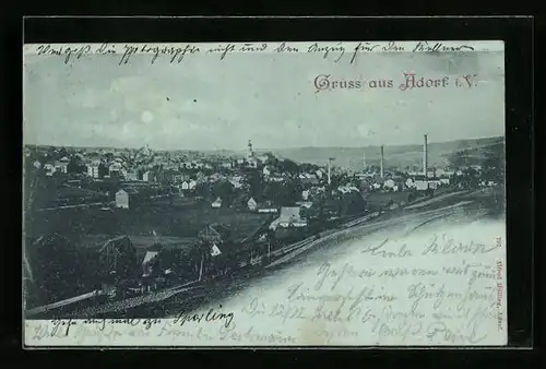 Mondschein-AK Adorf i. V., Blick auf die Stadt mit Kirche und Schornsteinen