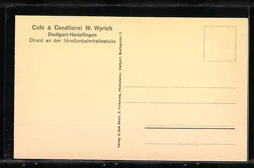 AK Stuttgart-Hedelfingen, Cafe & Conditorei W. Wyrich, direkt an der Strassenbahnhaltestelle