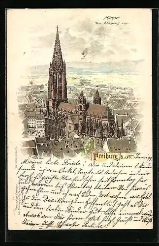 Lithographie Freiburg i. B., Das Münster vom Schlossberg aus