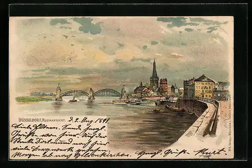 Lithographie Düsseldorf, Rheinansicht auf die Brücken und die Stadt