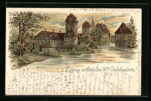 Lithographie Leipzig, Brunnenmühle m. Pferdeschwemme Ende des 18. Jahrhunderts