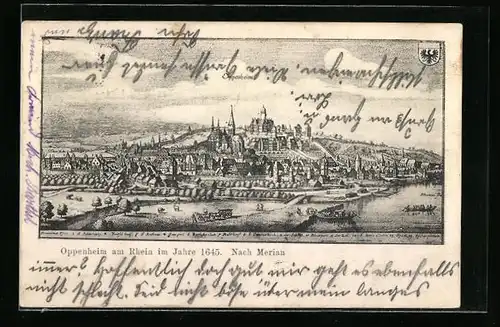 Künstler-AK Oppenheim a. Rhein, Ortsansicht im Jahre 1645 nach Merian