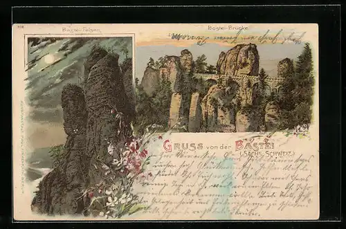 Lithographie Bastei, Bastei-Felsen u. -brücke