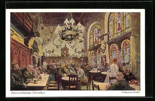 Künstler-AK Dresden, Gasthaus Bärenschänke, Hubertus-Stube